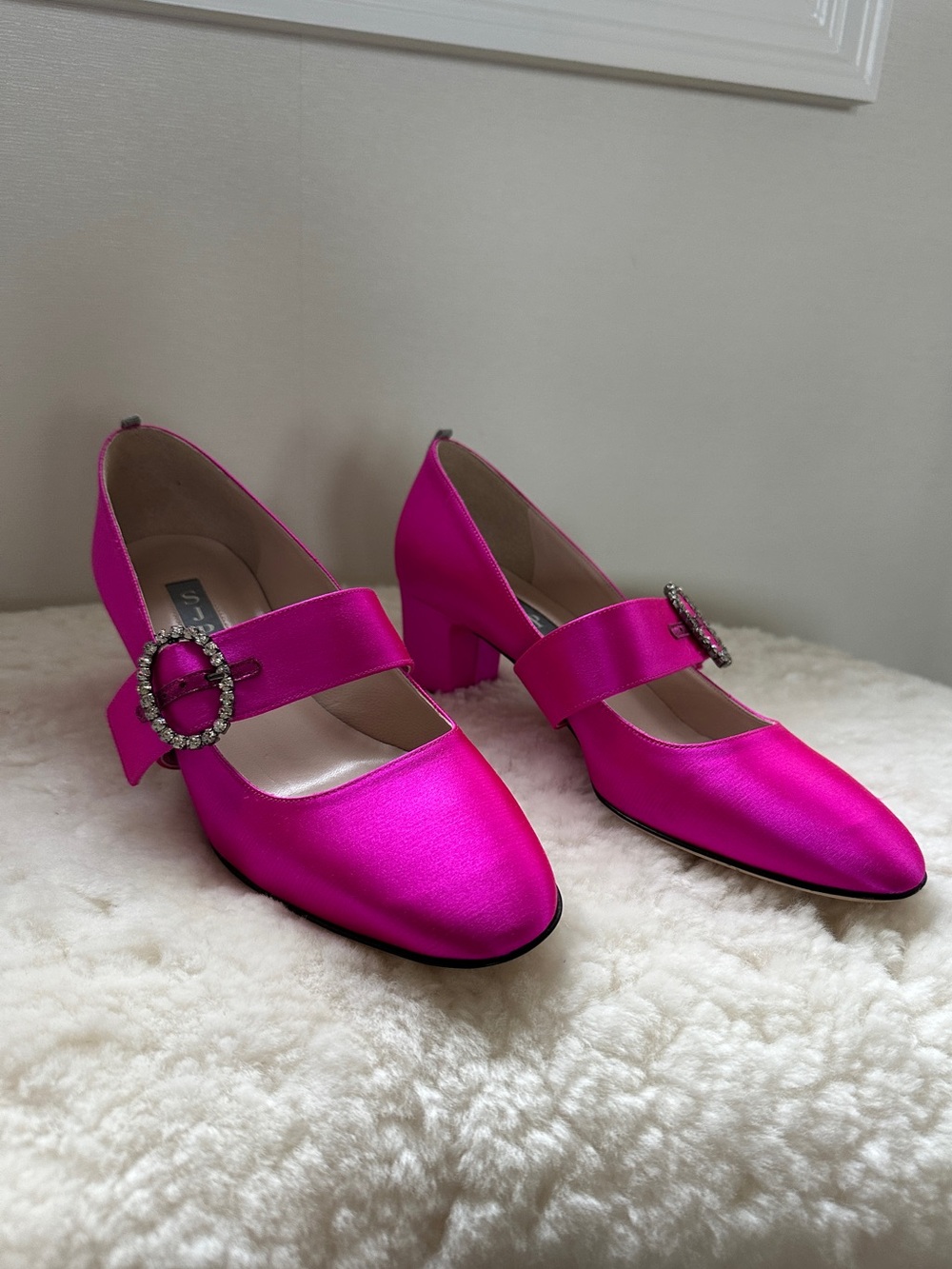 Women’s Satin Mary Jane Pumps with Crystal Buckle - Hot Pink